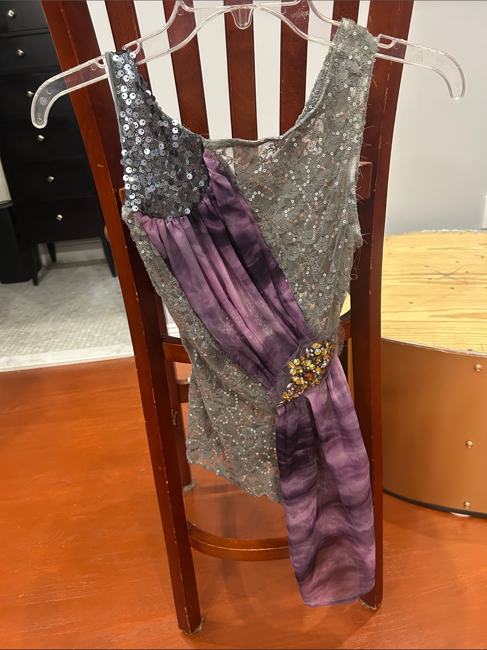 Sparkling Silver Sequin Girls' Formal Dress with Purple Sash
